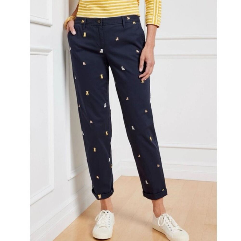 Talbots Relaxed Chino embroidered dog prints pants Size 10P Petite navy blue